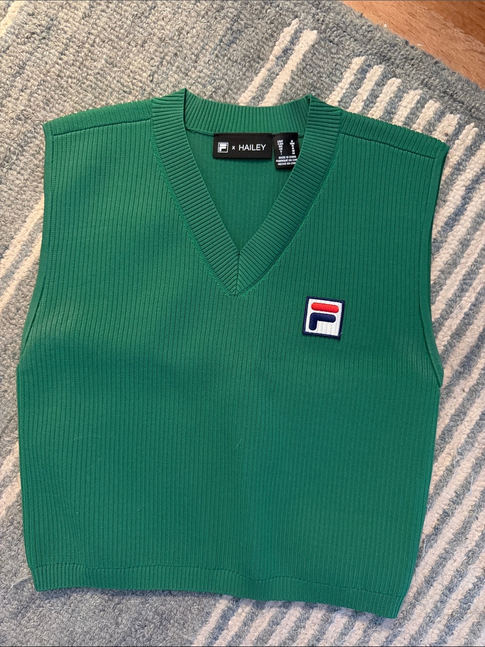 FILA Green Ribbed V-Neck Sweater Vest with Logo Patch